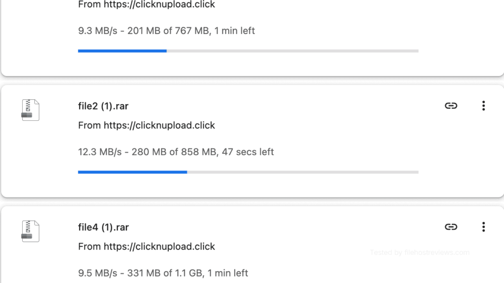 Multiple Clicknupload Premium files downloading in Chrome at 9.3, 12.3, and 9.5 MB per second.
