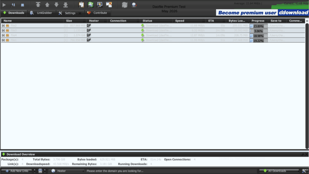 JDownloader 2 running four Daofile Premium files with a combined speed of 43.568 MiB per second.