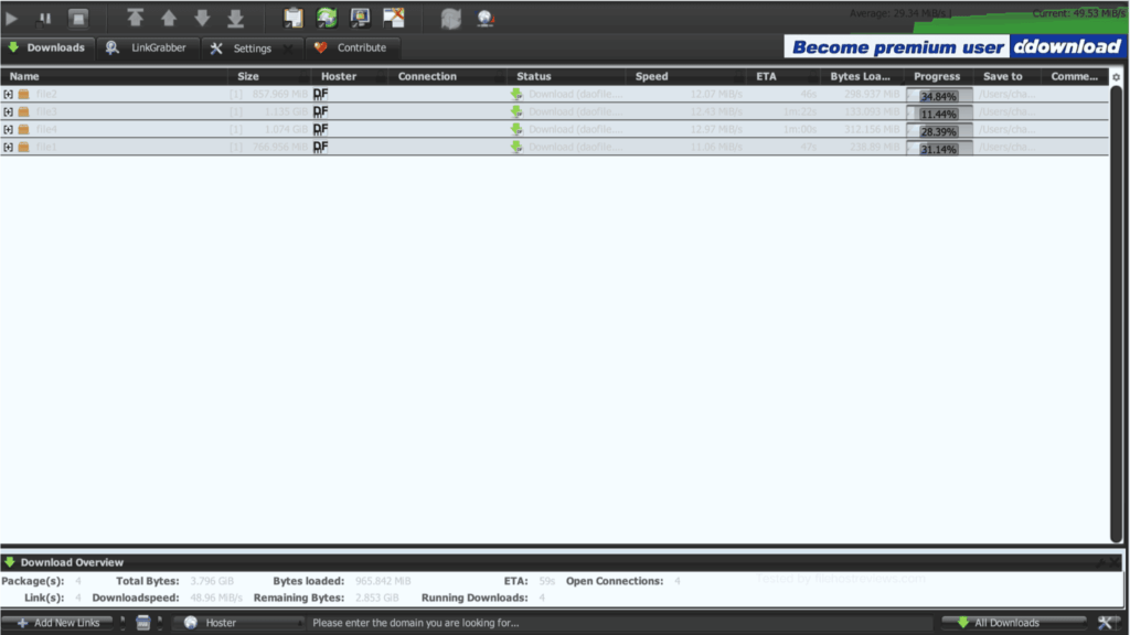 JDownloader 2 second test run showing four Daofile Premium files combined at 48.96 MiB per second.