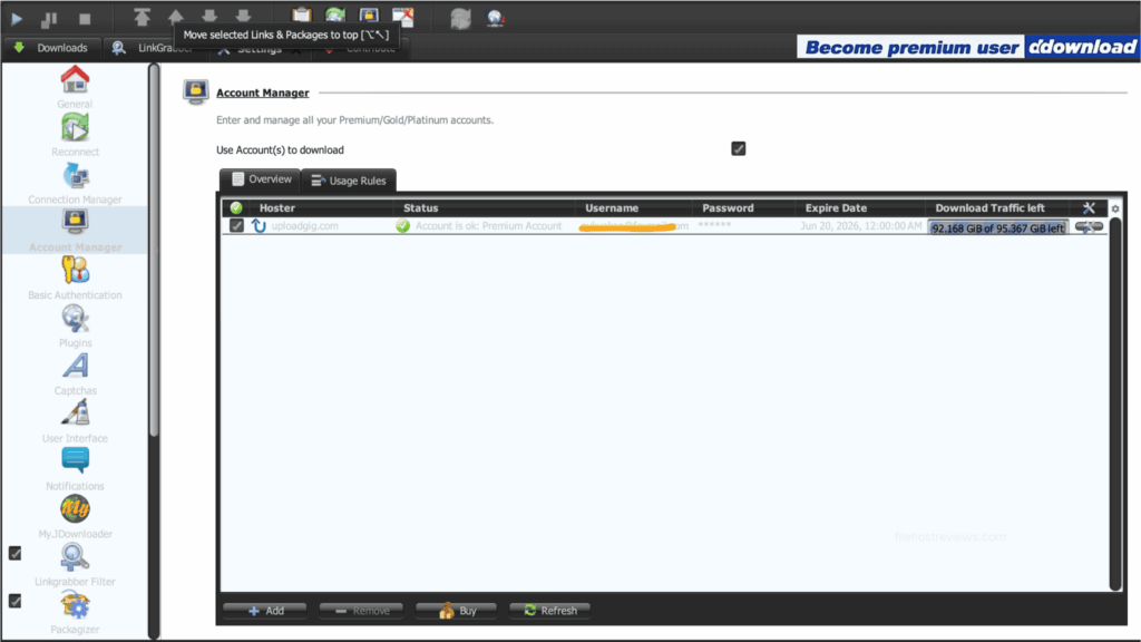 JDownloader 2 Account Manager showing uploadgig.com premium account status with 92.168 GiB of 95.367 GiB traffic remaining