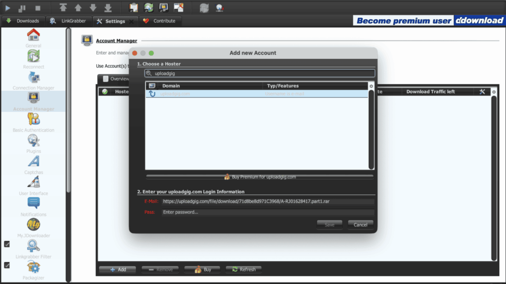JDownloader 2 Add new Account dialog showing uploadgig.com host entry with username is email login type