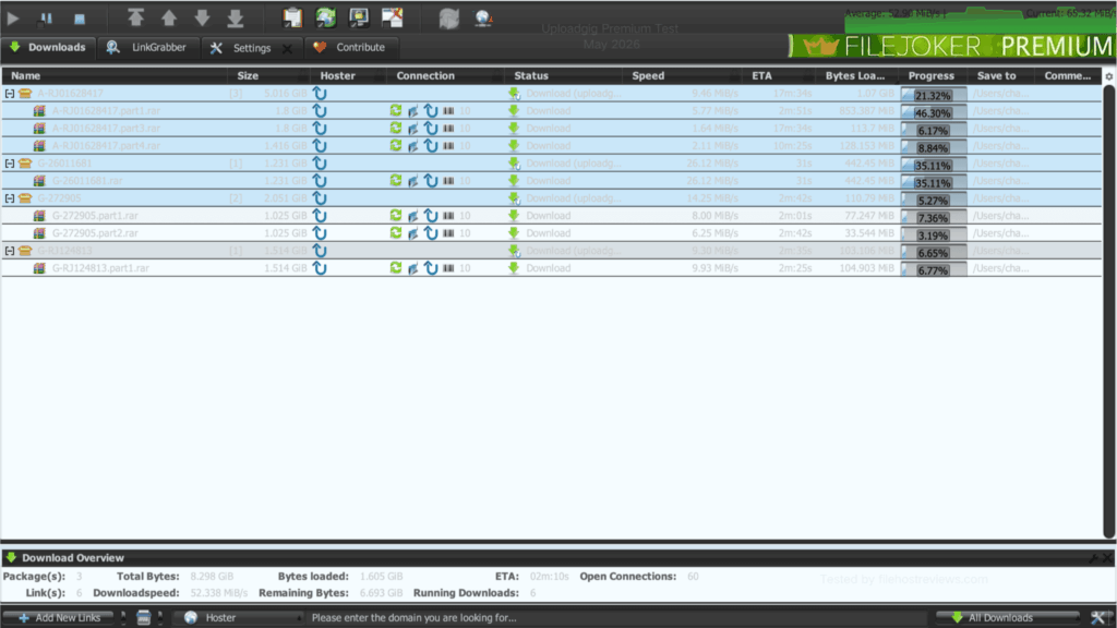 JDownloader 2 running six Uploadgig Premium files at a combined 52.338 MiB per second with 60 open connections