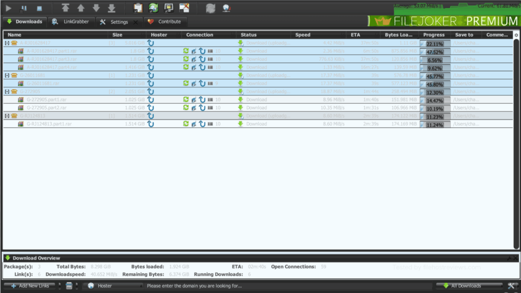 JDownloader 2 second test run showing six Uploadgig Premium files at a combined 40.652 MiB per second