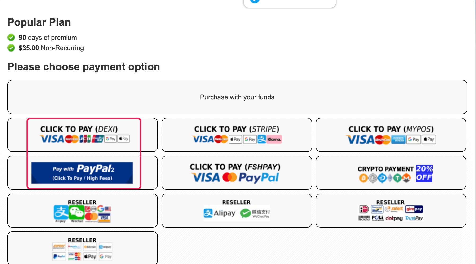 NitroFlare payment page showing card, PayPal, cryptocurrency, and reseller options