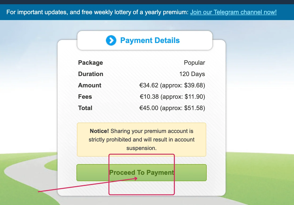 NitroFlare checkout showing the plan amount, processing fee, and final total