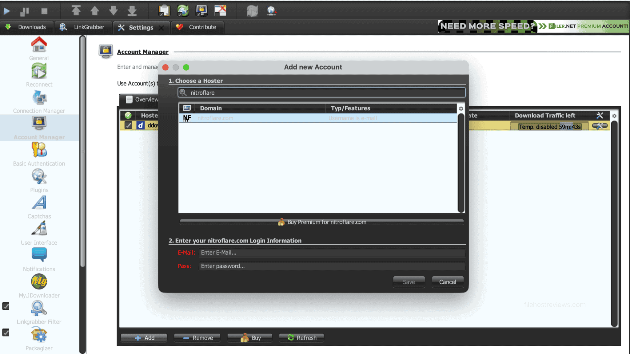 Adding a NitroFlare Premium account in JDownloader 2 Account Manager