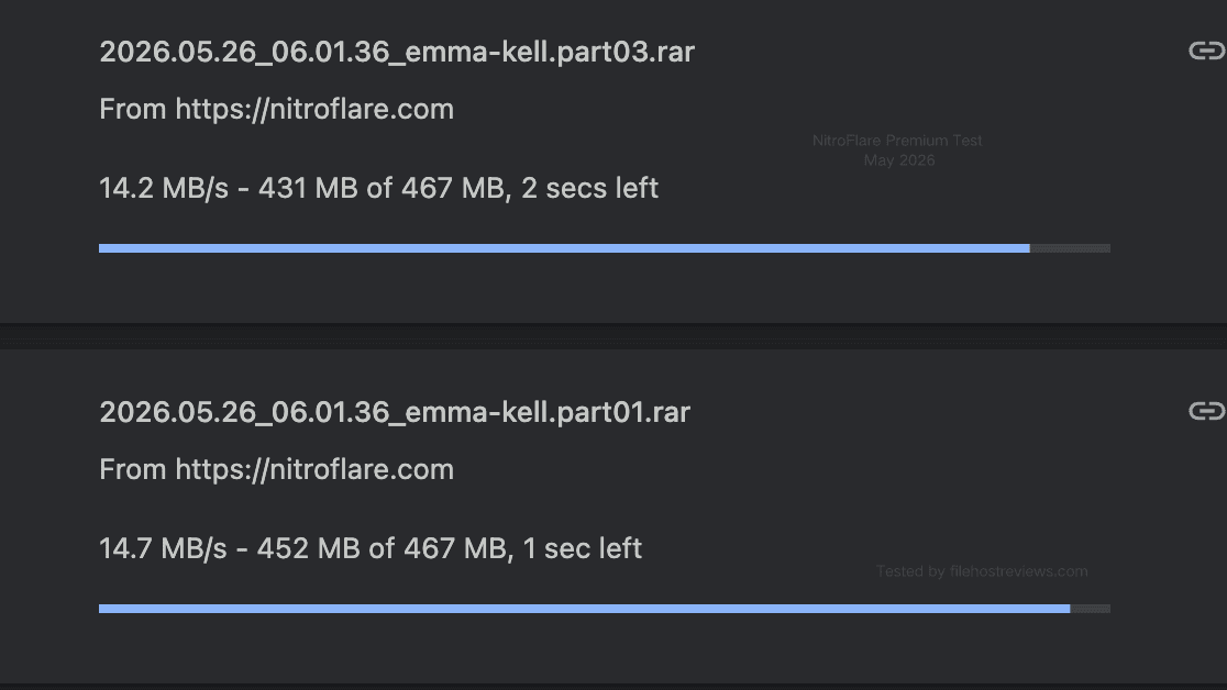Two parallel NitroFlare Premium downloads running at 14.2 and 14.7 MB per second
