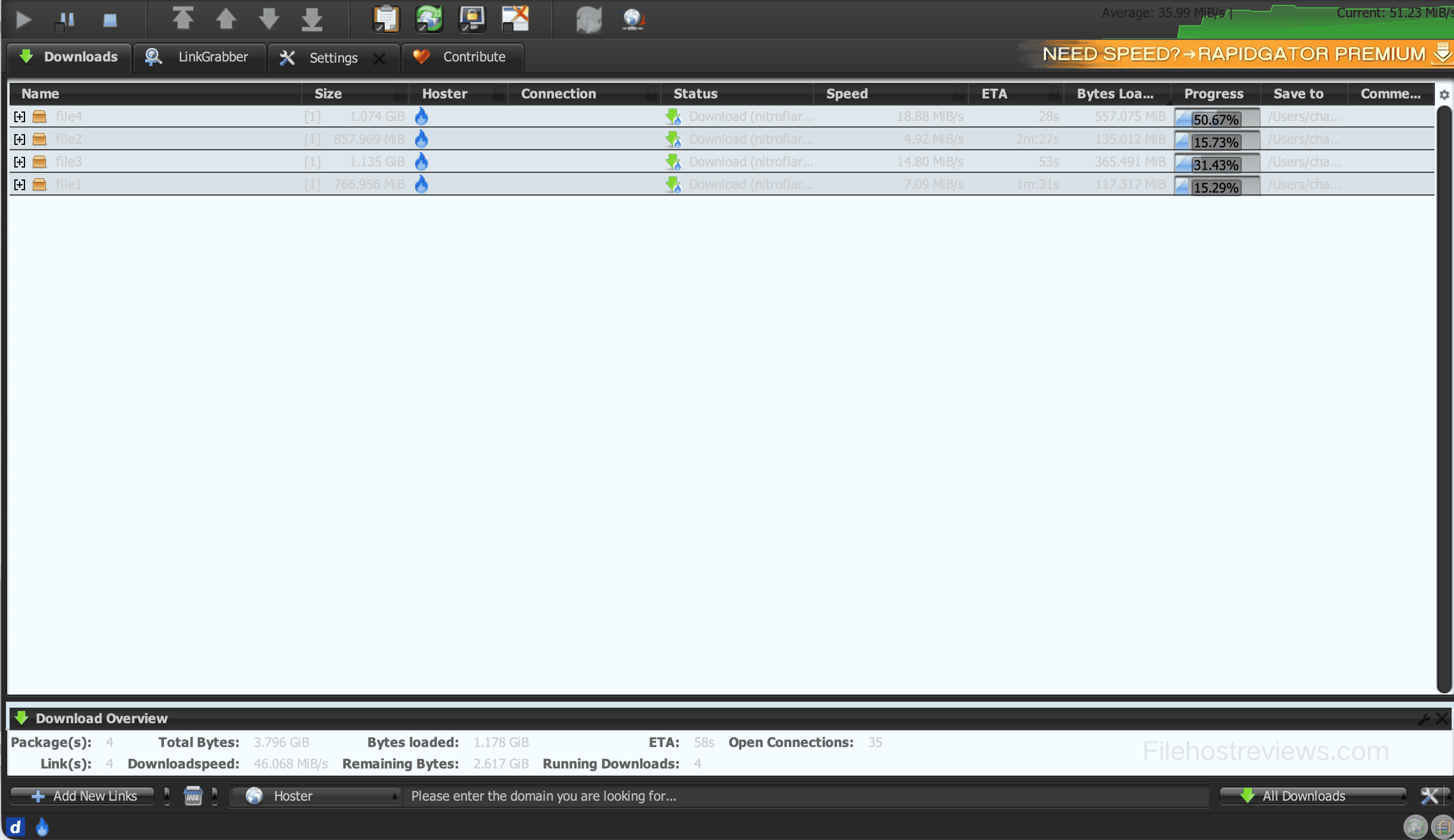 Second NitroFlare JDownloader 2 test with 35 open connections and a 51.23 MiB per second current rate