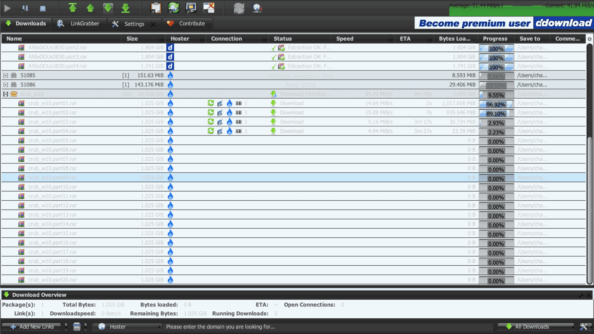 First NitroFlare JDownloader 2 test averaging 31.44 MiB per second