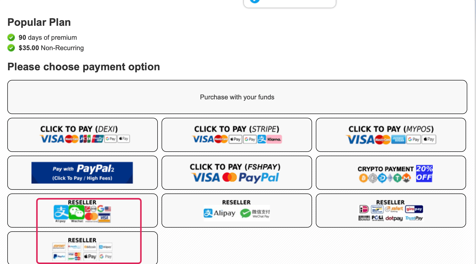 Authorized reseller options on the NitroFlare payment page