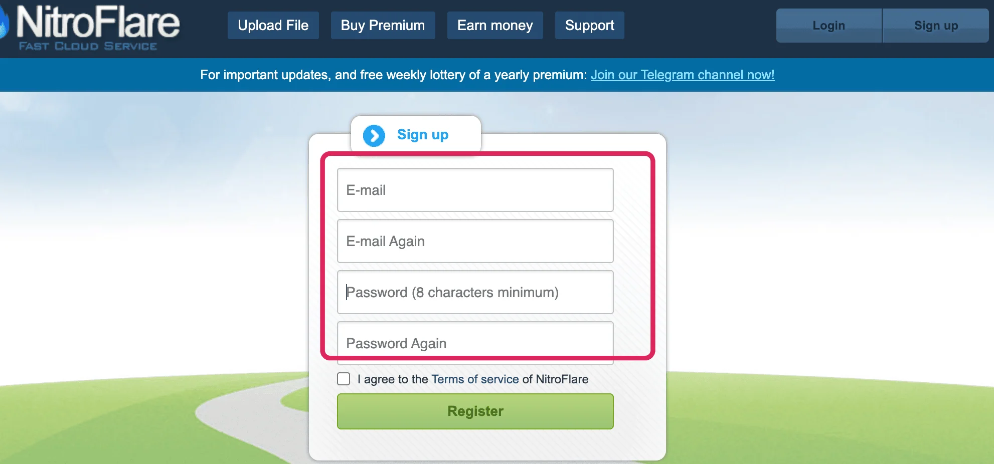 NitroFlare registration form requesting an email address and password