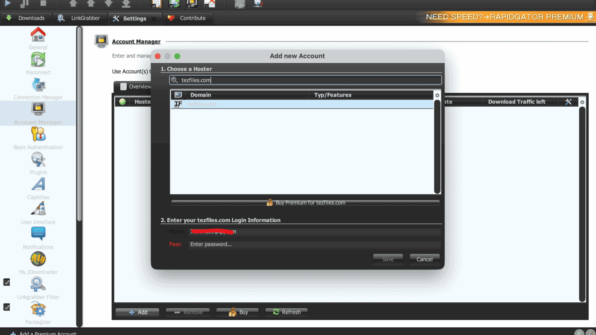 JDownloader 2 Add Account dialog with tezfiles.com selected