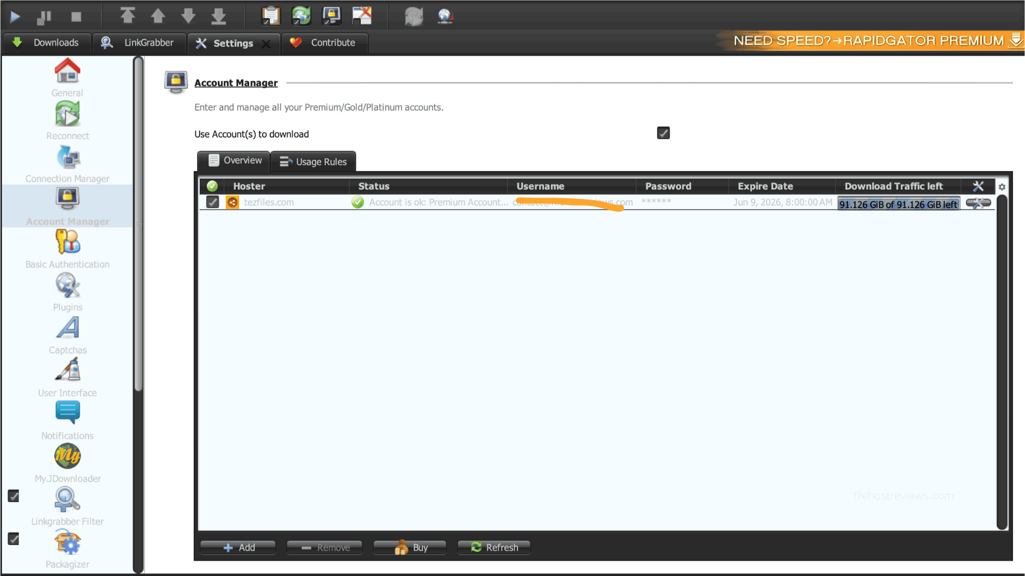 JDownloader 2 account manager showing active TezFiles premium status and remaining traffic
