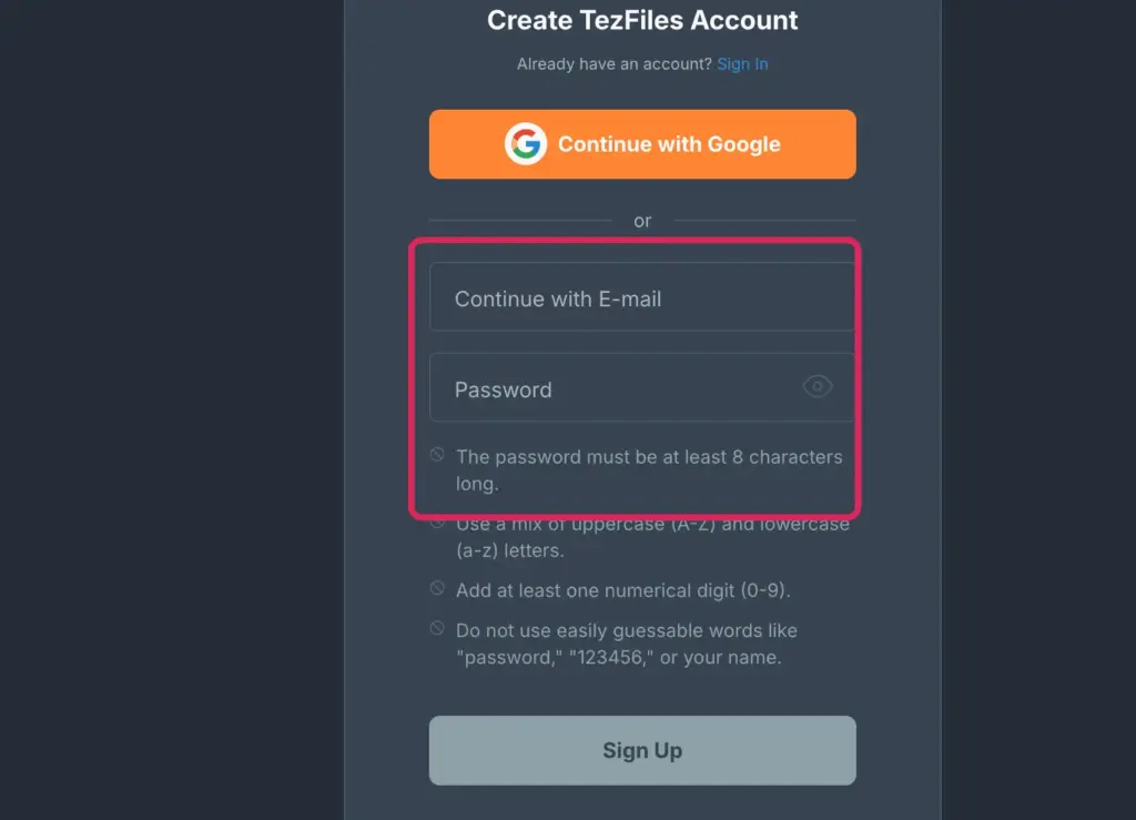 TezFilesのメールアドレスとパスワードを入力するための登録フォーム