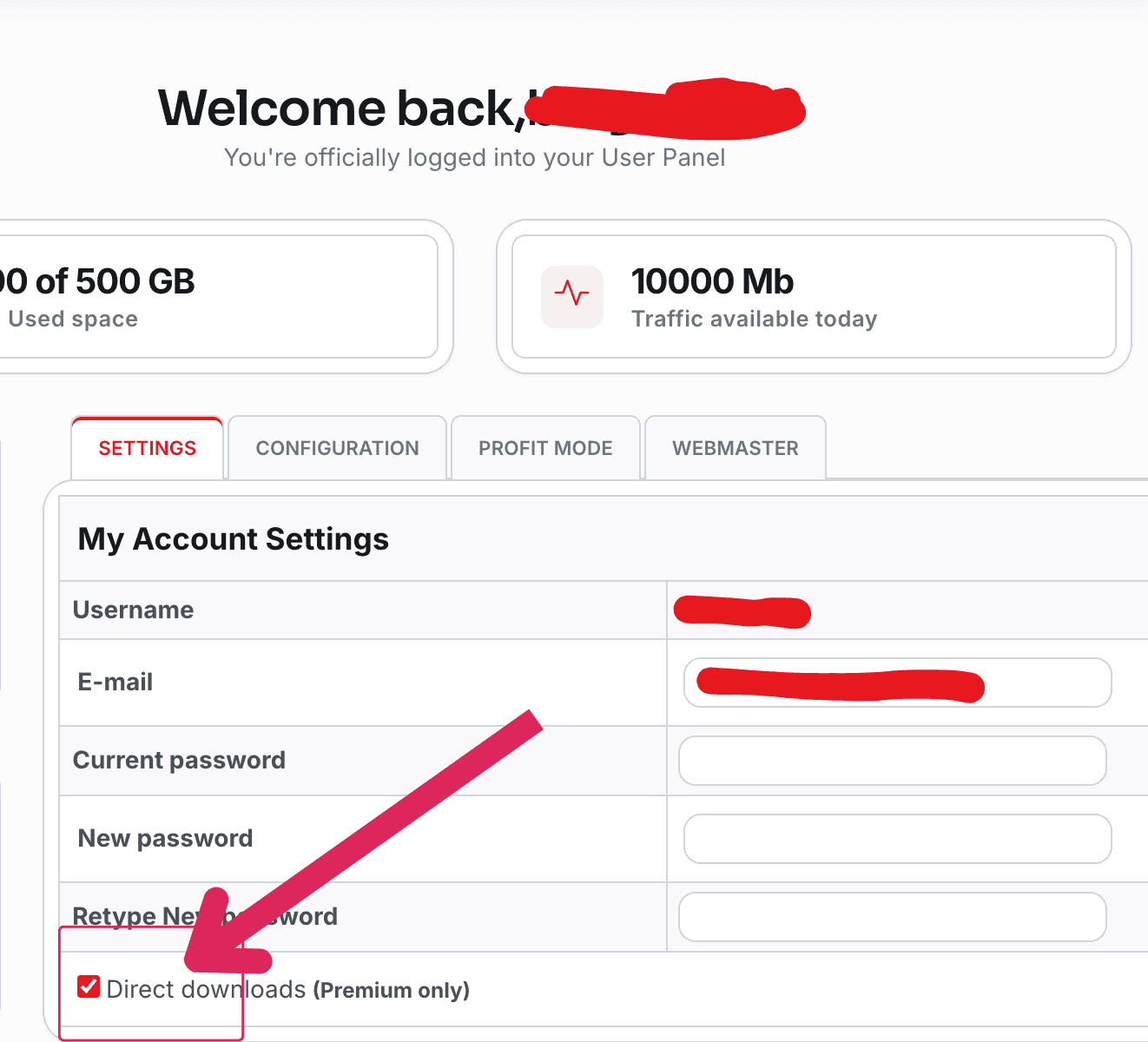 Account settings with the Direct downloads checkbox selected.