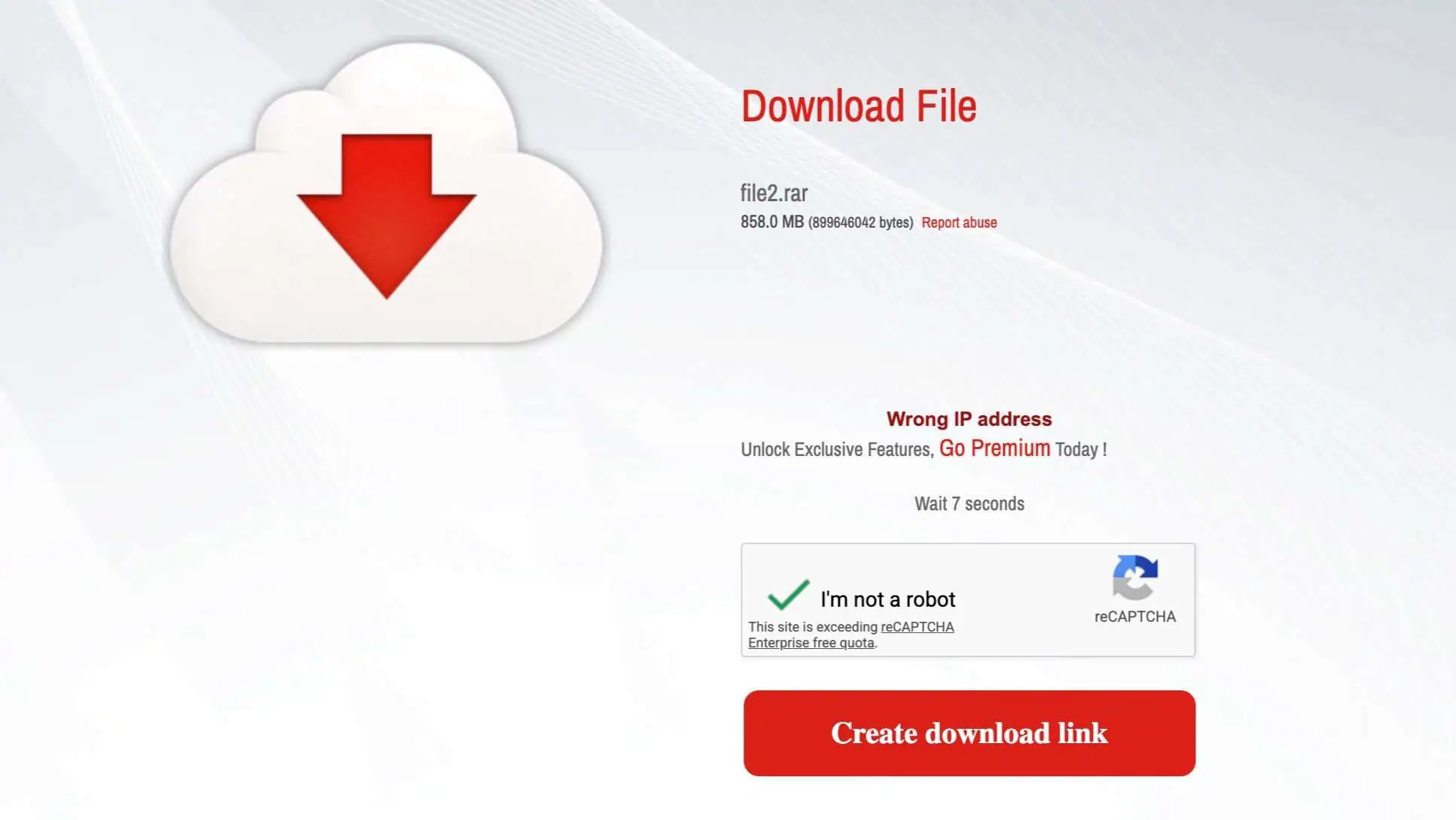 Free page displaying a wait, reCAPTCHA and a “Wrong IP address” warning.
