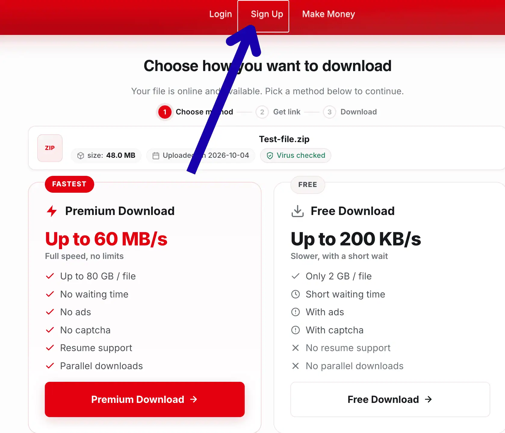 Download page advertising free and premium features, with a Sign Up link.