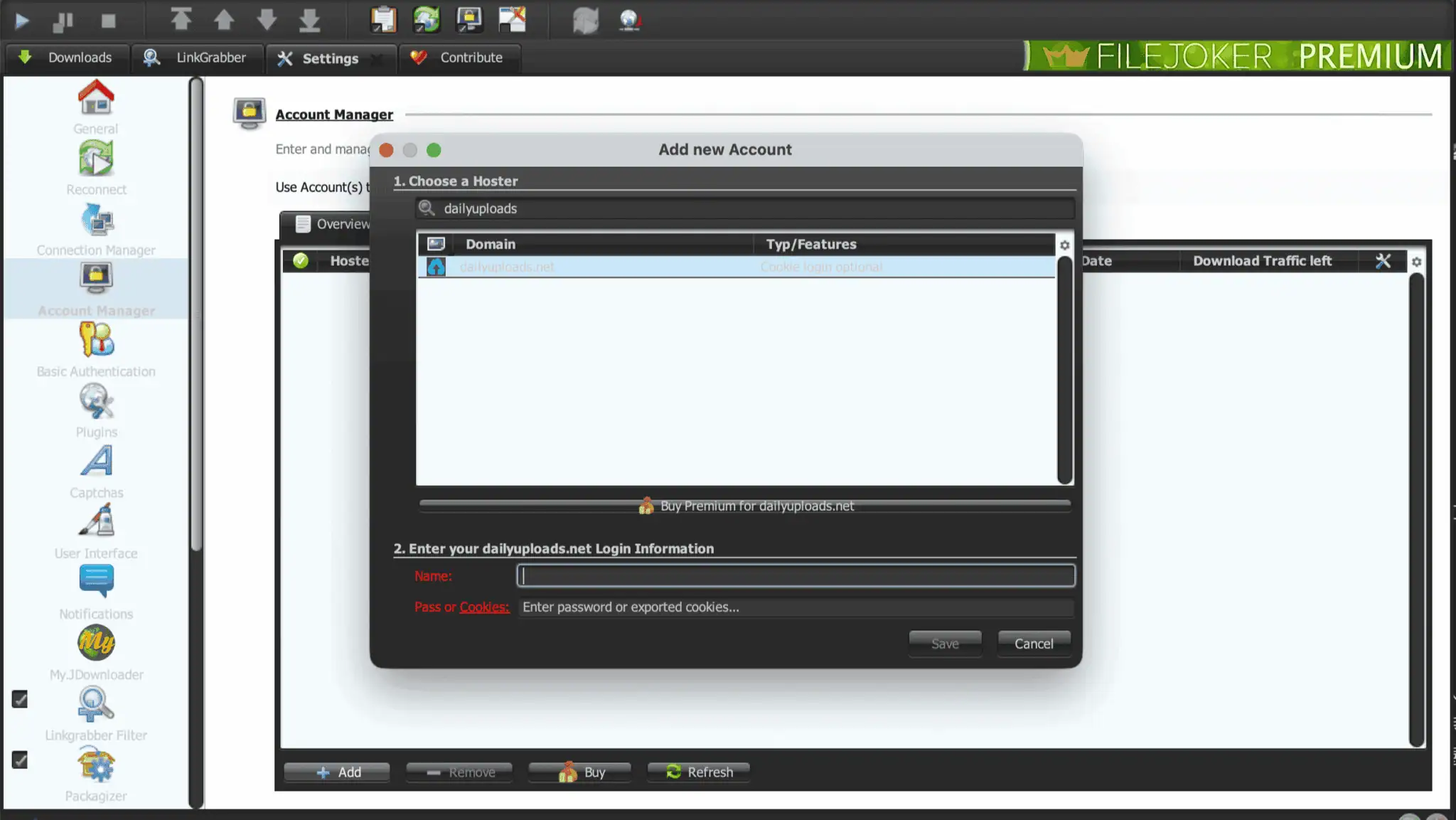 JD2 Add Account dialog selecting dailyuploads.net with optional cookie login.