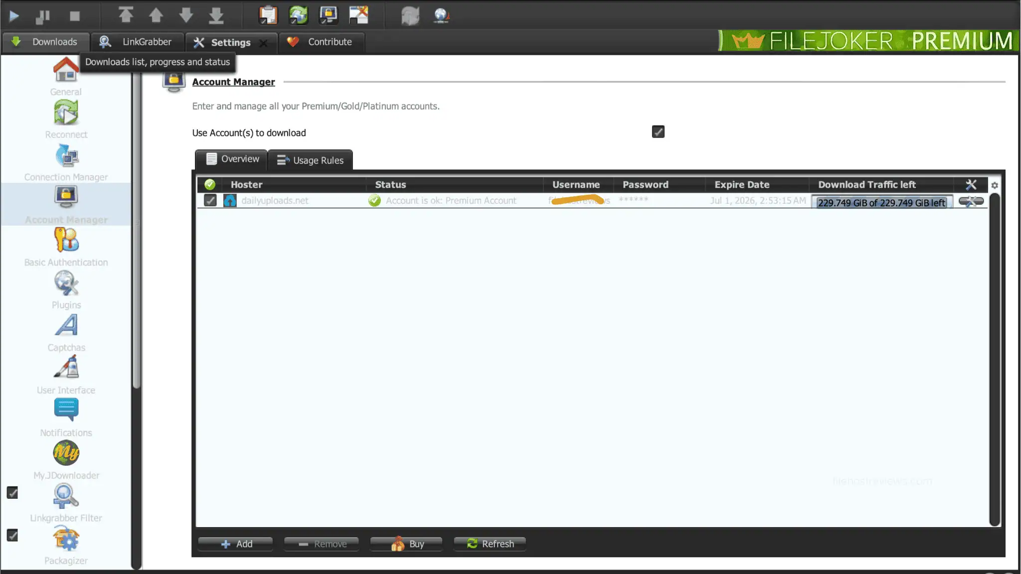 JD2 Premium Account status with 229.749 GiB shown as remaining traffic.