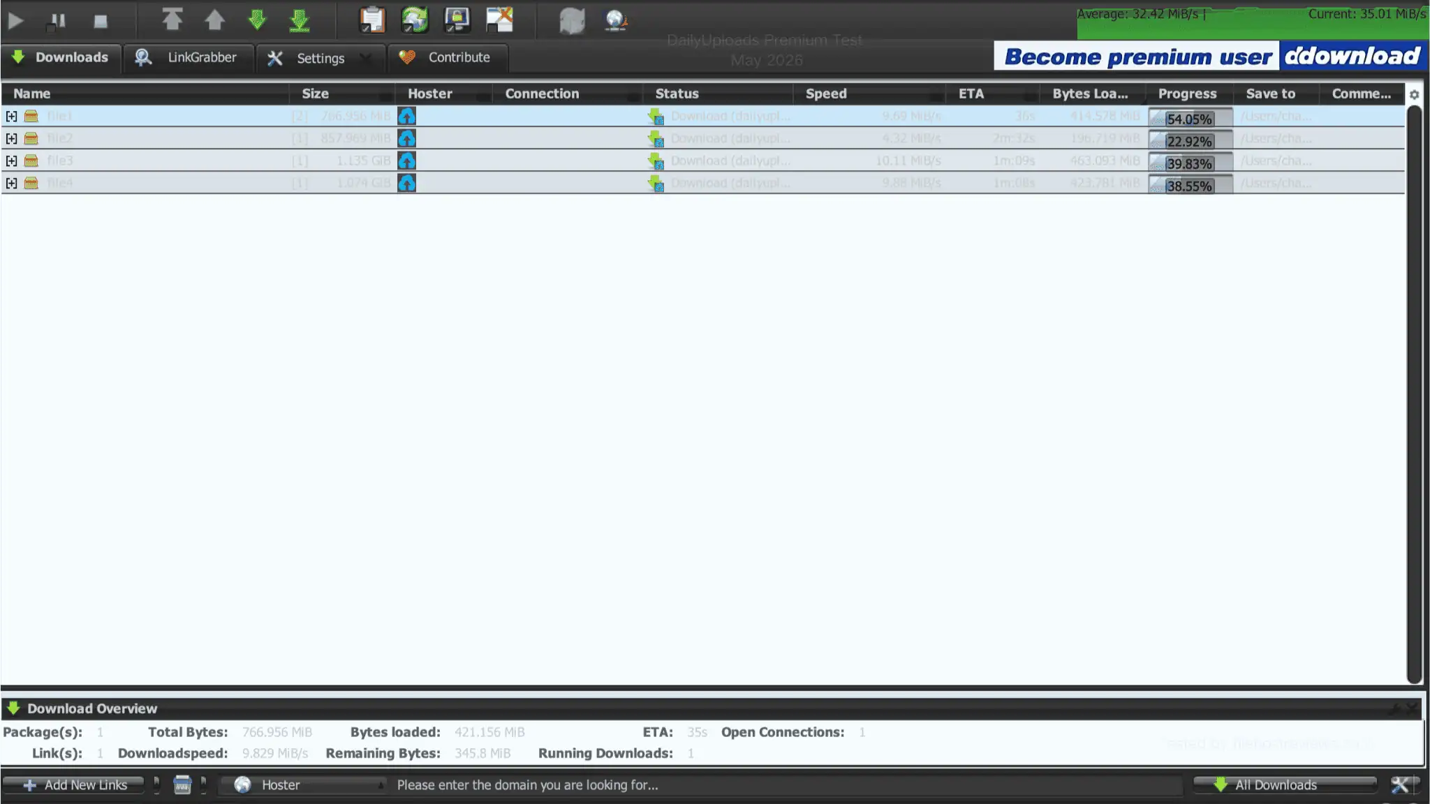 First JD2 capture: four active files and a Current reading of 35.01 MiB/s.