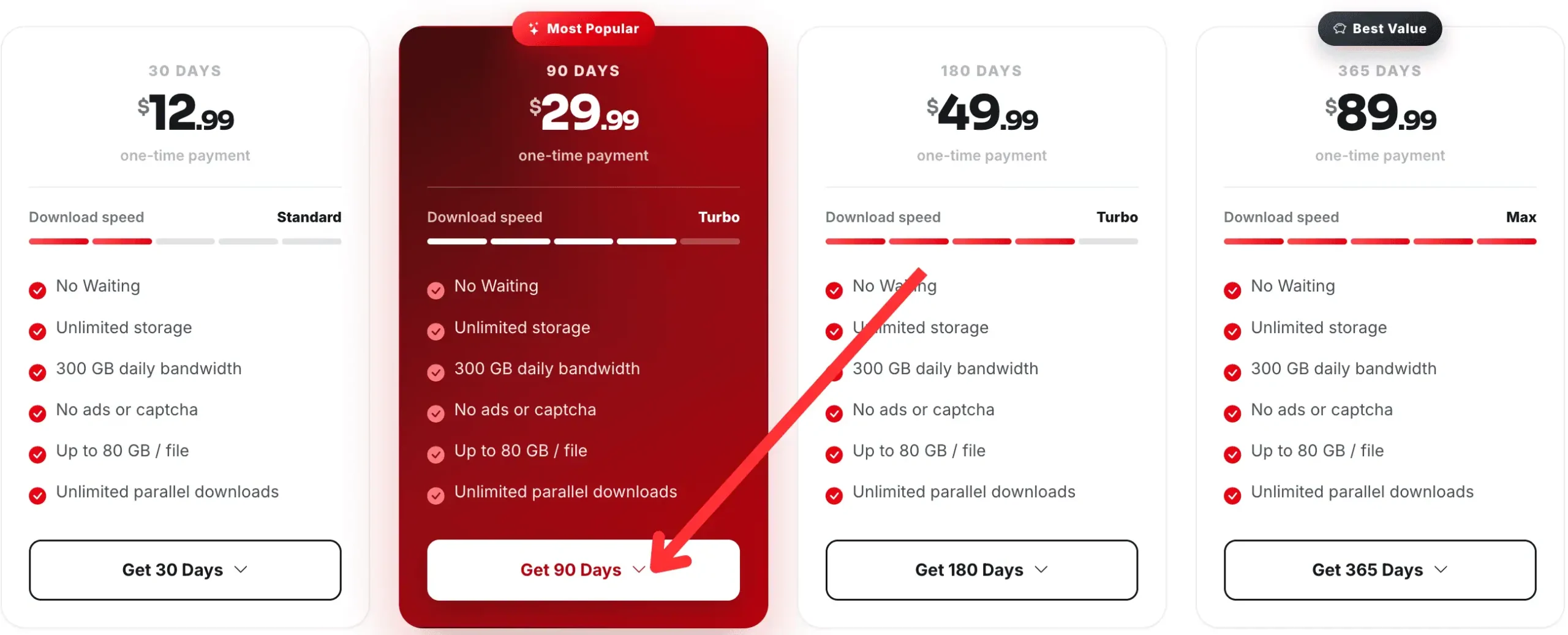 Plan cards showing prices, speed labels and 300 GB of daily bandwidth.