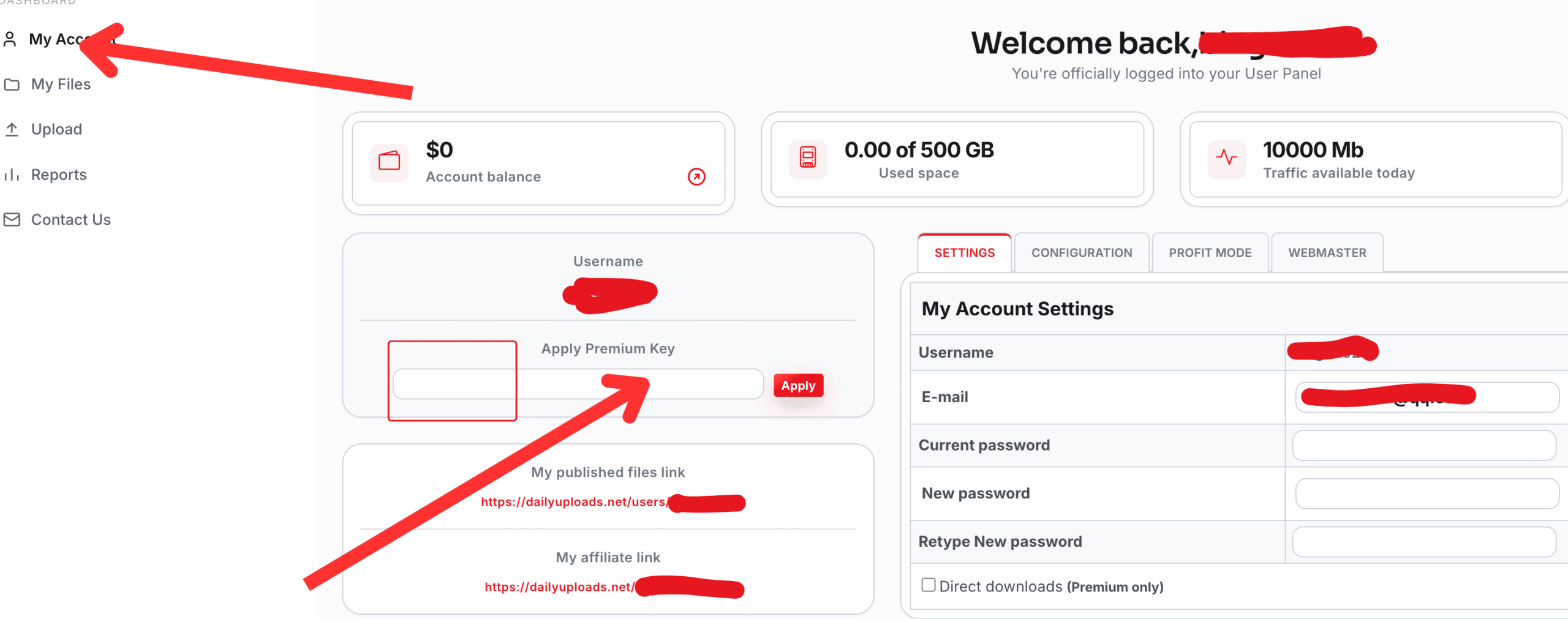 My Account dashboard with an empty Apply Premium Key field and Apply button.