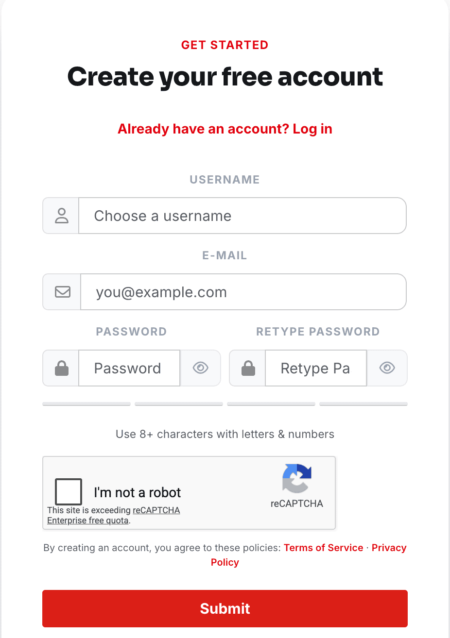 Registration form with username, email, password and CAPTCHA fields.