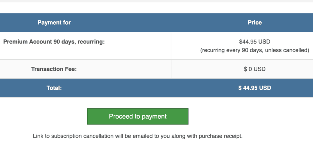 Card checkout showing no fee and renewal every 90 days.