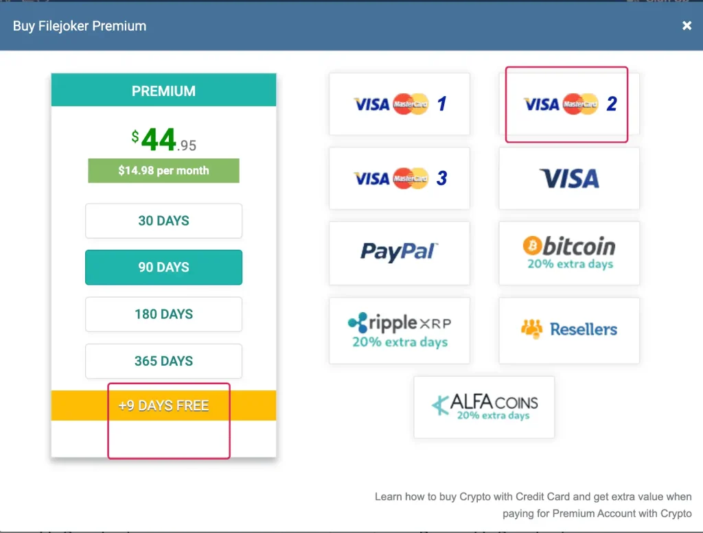 The 90-day plan showing nine bonus days and card payment options.
