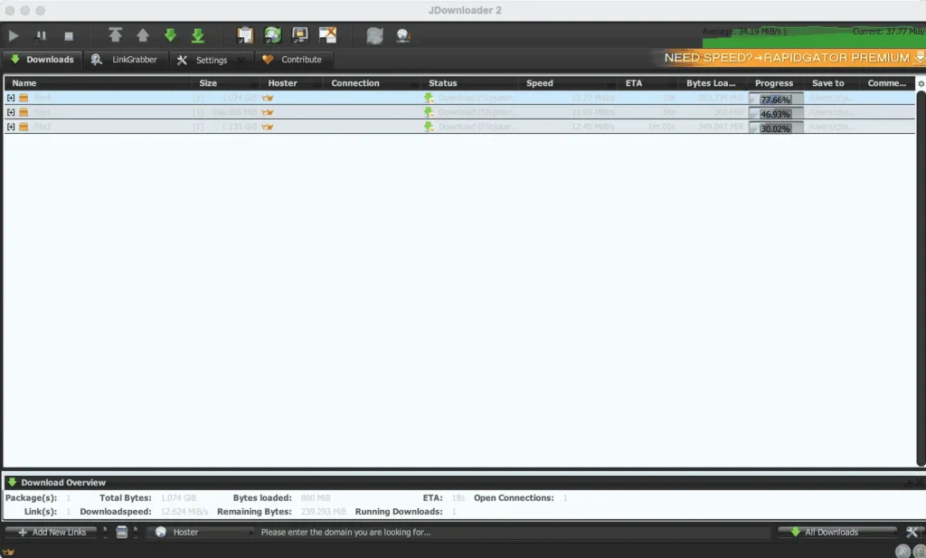 JD2 showing three active files and 37.77 MiB/s current total speed.