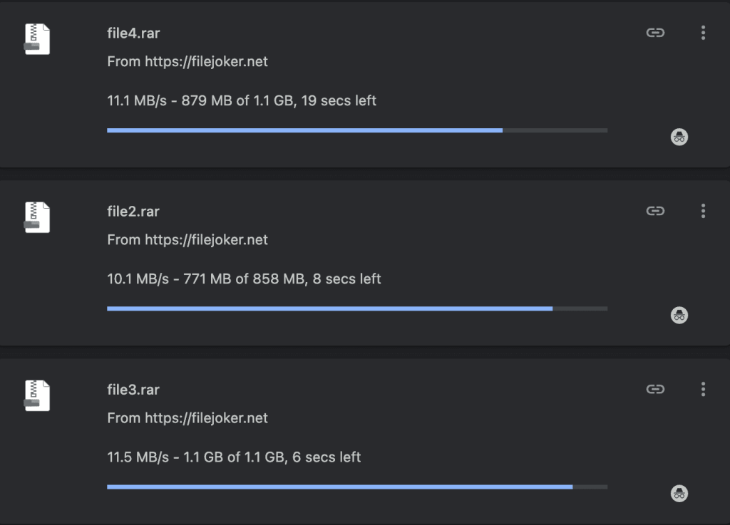 Three active Chrome downloads with displayed rates totaling 32.7 MB/s.
