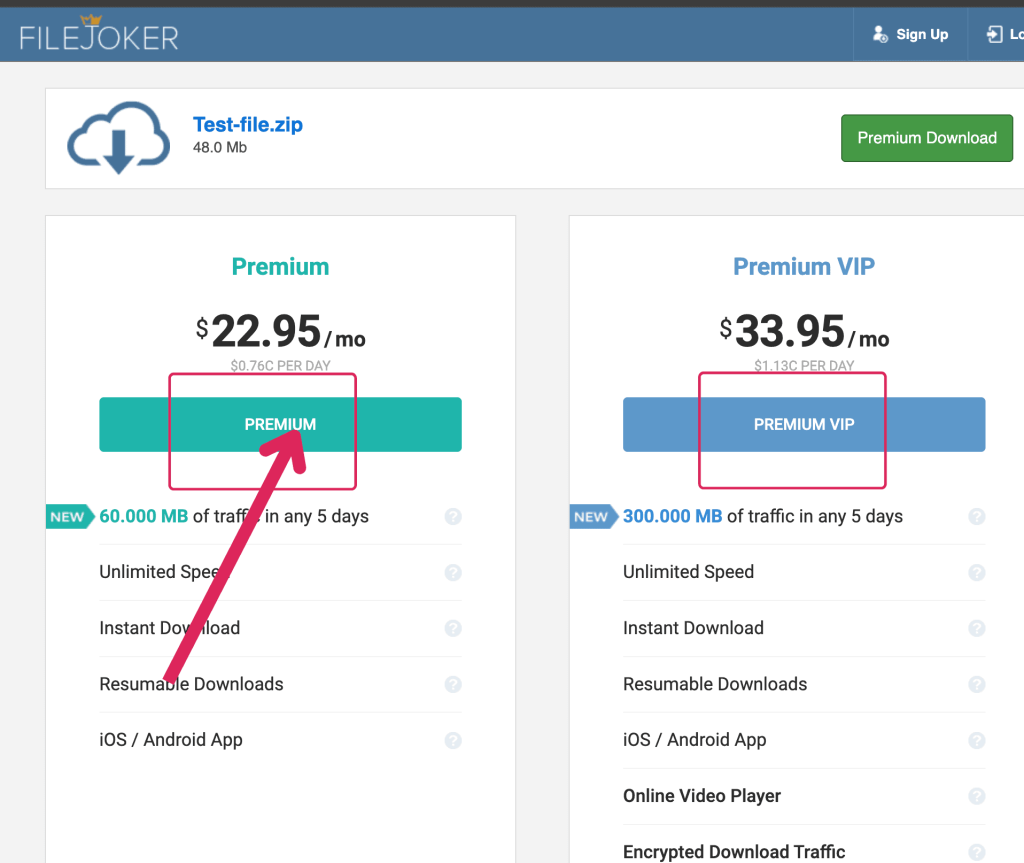 FileJoker Premium vs Premium VIP monthly pricing and five-day traffic allowances.