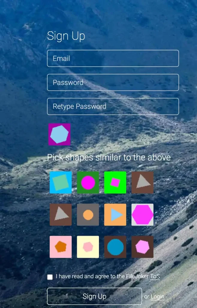 Account registration with email, password, terms, and a shape CAPTCHA.