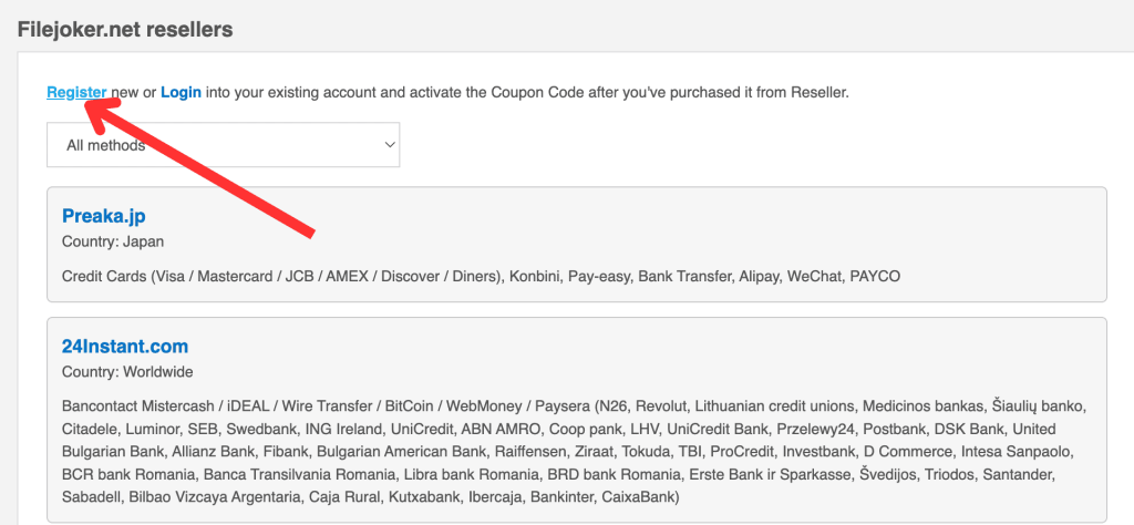 Reseller page pointing new users to Register before coupon activation.