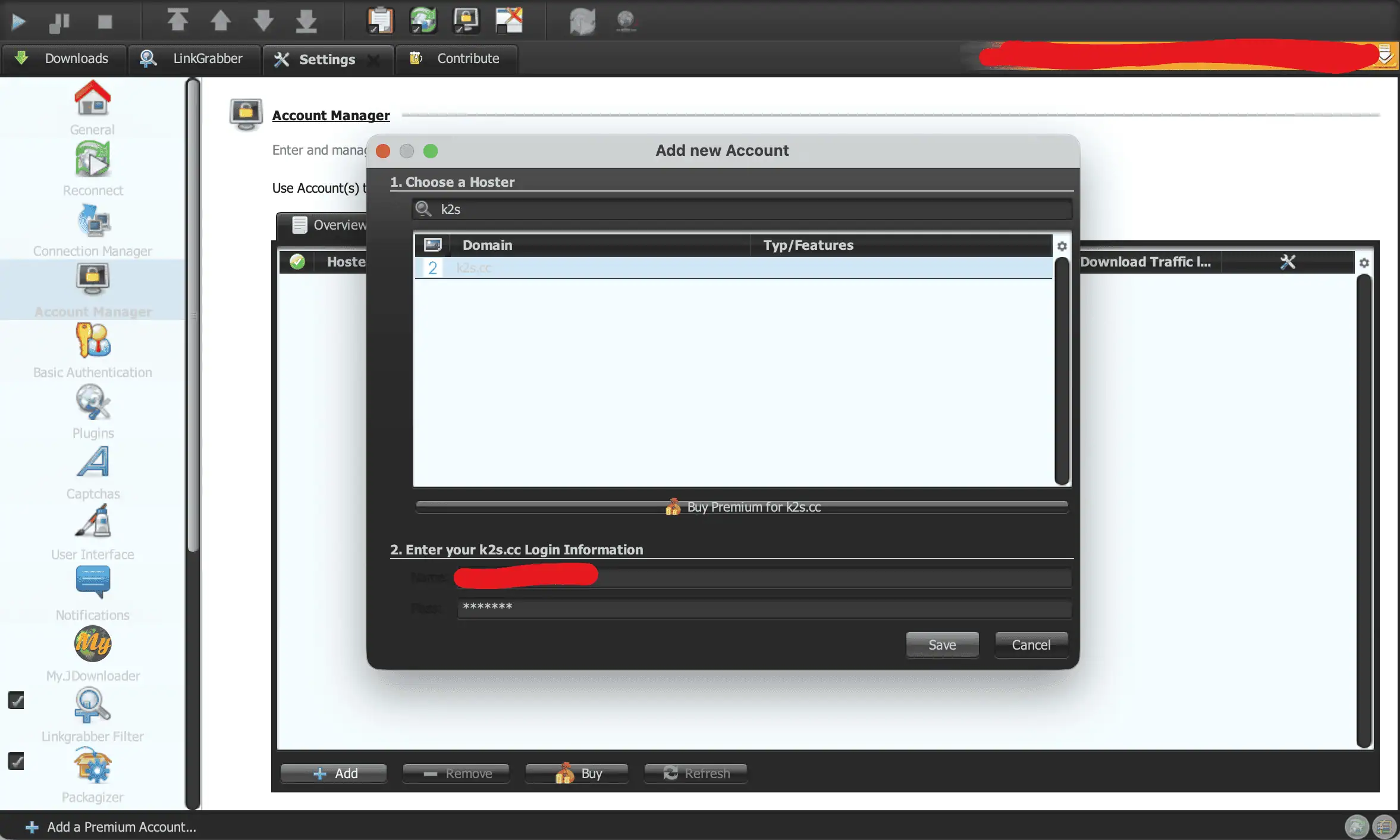 JDownloader 2 Add new Account dialog with k2s.cc selected