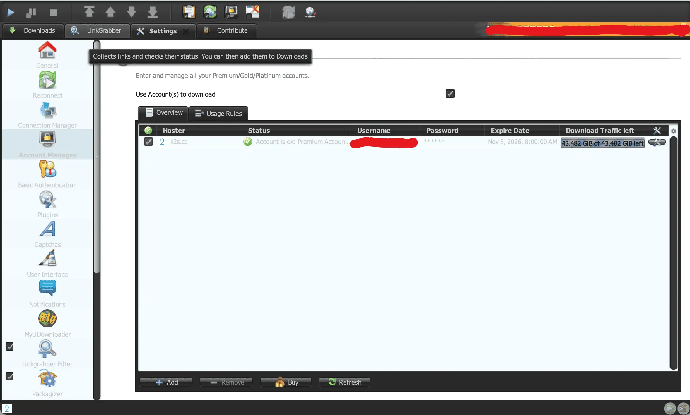 JDownloader 2 confirming a Keep2Share Premium Account and displaying 43.482 GiB of traffic left