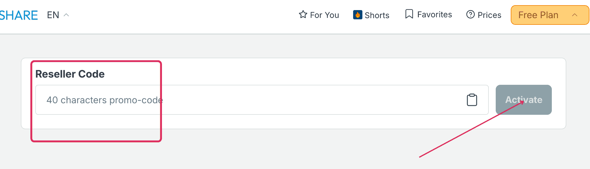 Keep2Share Reseller Code field and Activate button