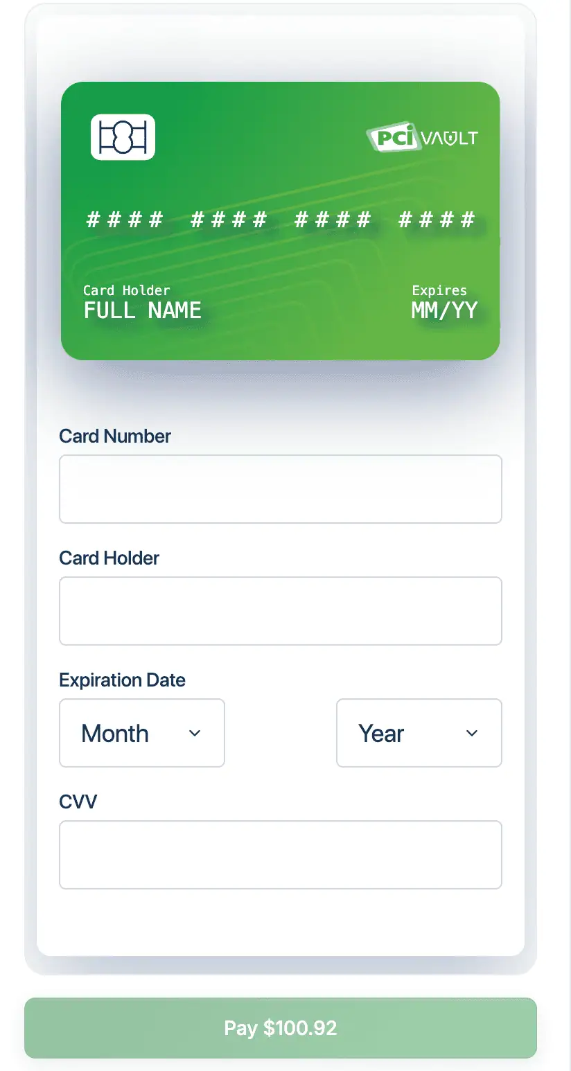 Card checkout form displaying a Pay $100.92 button