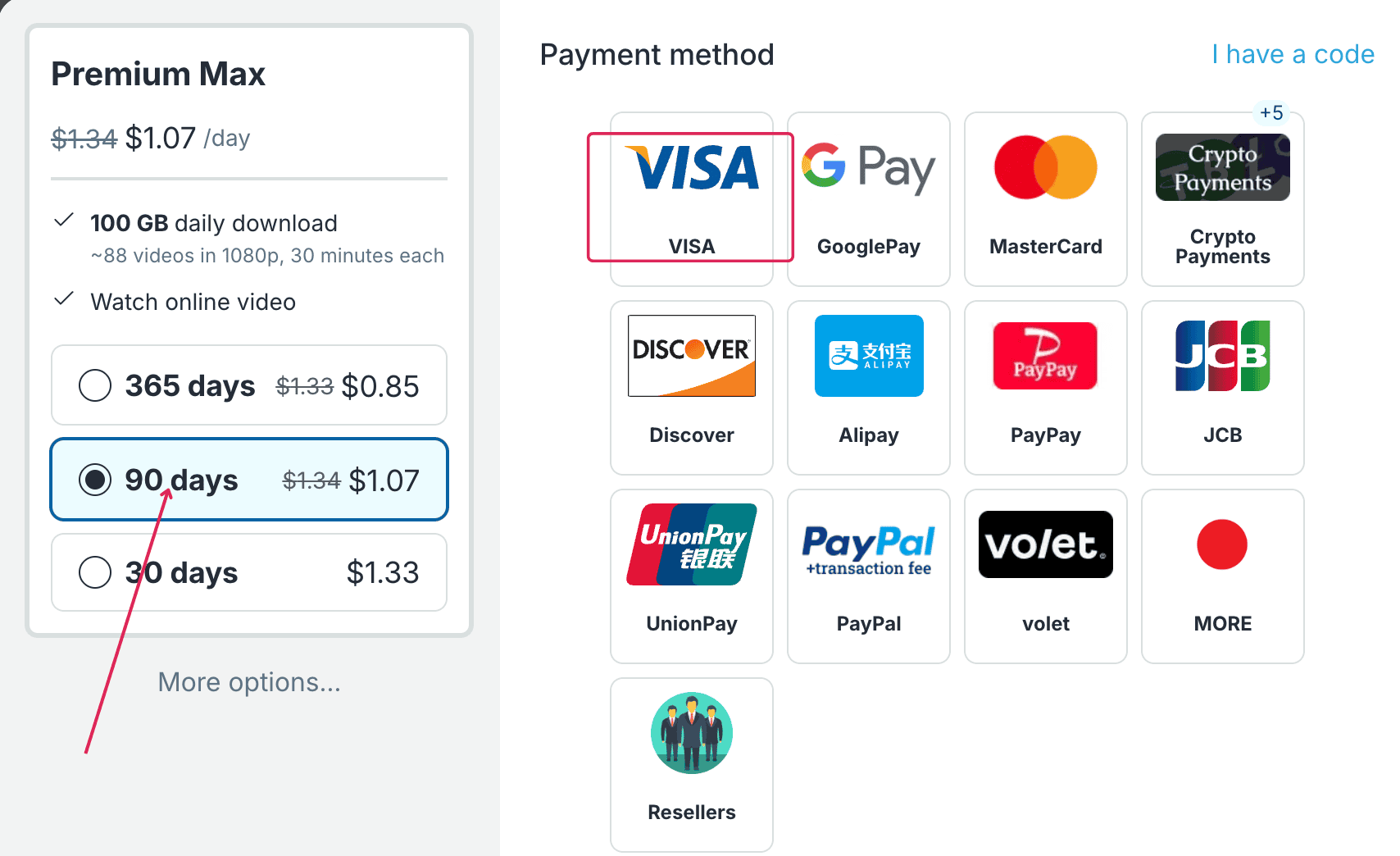 Keep2Share Premium Max checkout showing durations and payment options