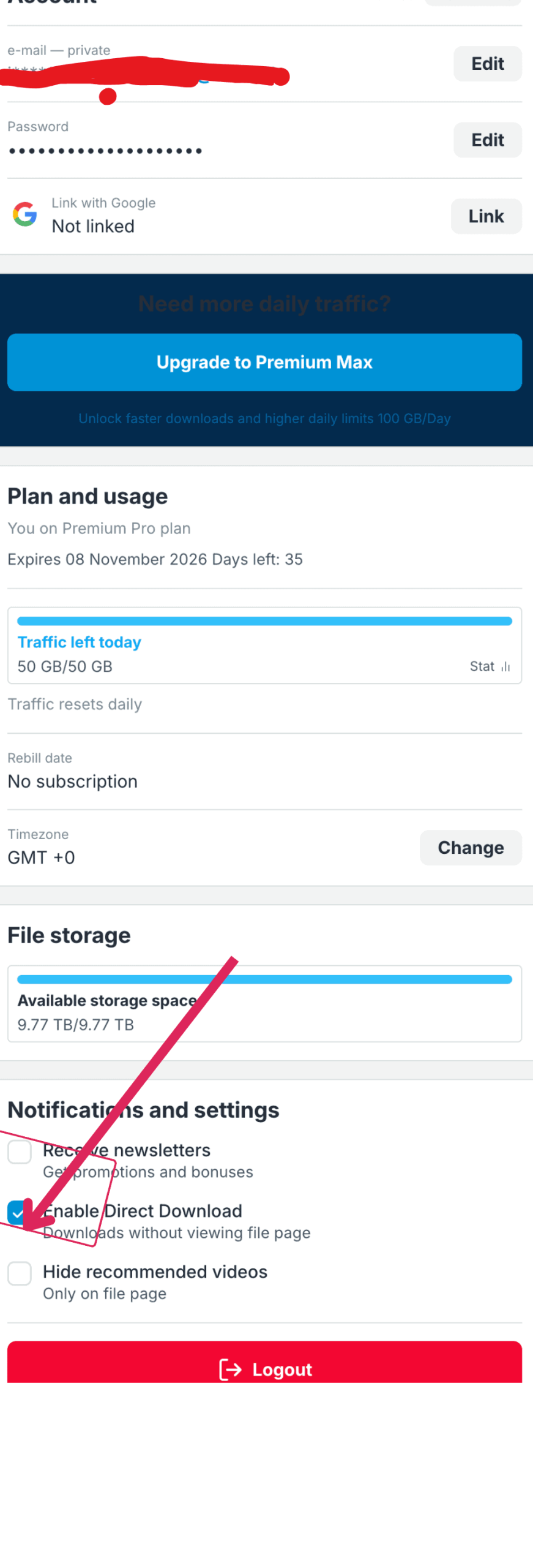 Keep2Share Premium Pro profile with 50 GB traffic, No subscription and Direct Download selected
