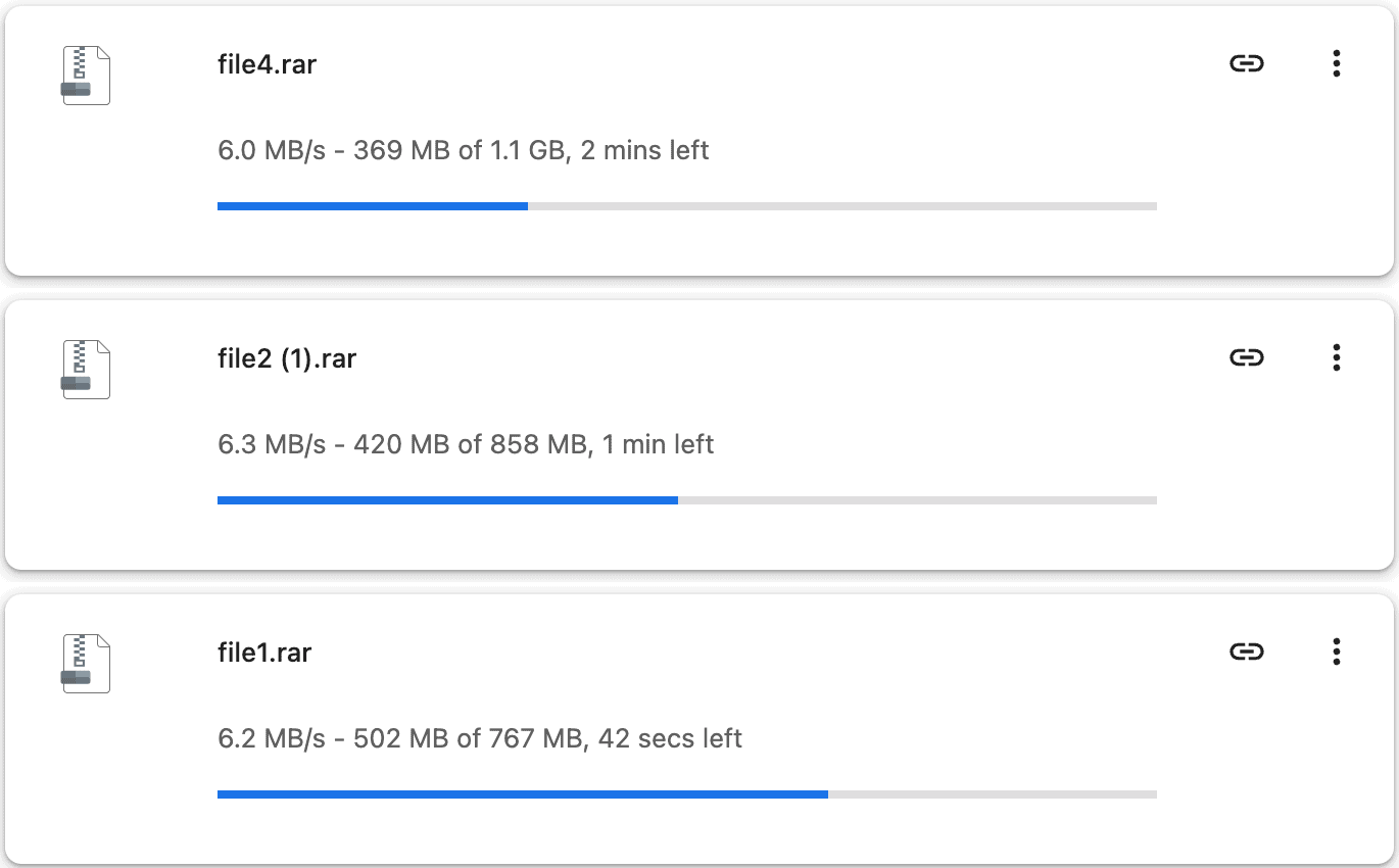 Three Chrome downloads showing 6.0, 6.3 and 6.2 MB/s on Keep2Share Premium Pro