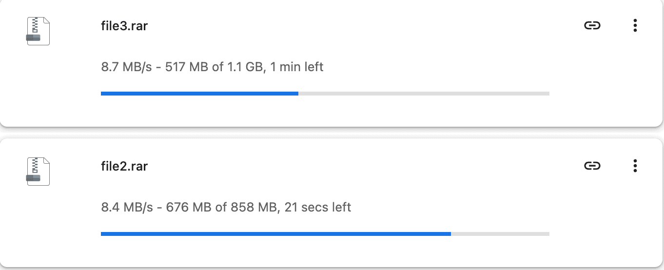 Two Chrome downloads showing 8.7 and 8.4 MB/s on Keep2Share Premium Pro
