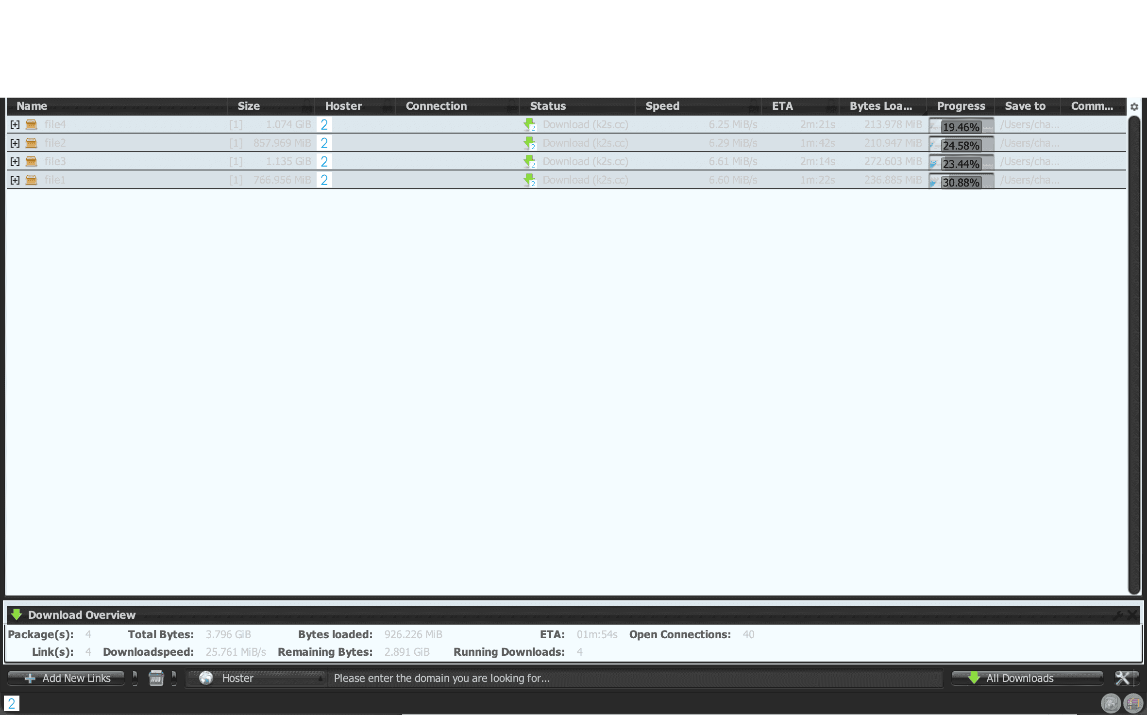 JDownloader 2 showing four Keep2Share files and 25.761 MiB/s current download speed