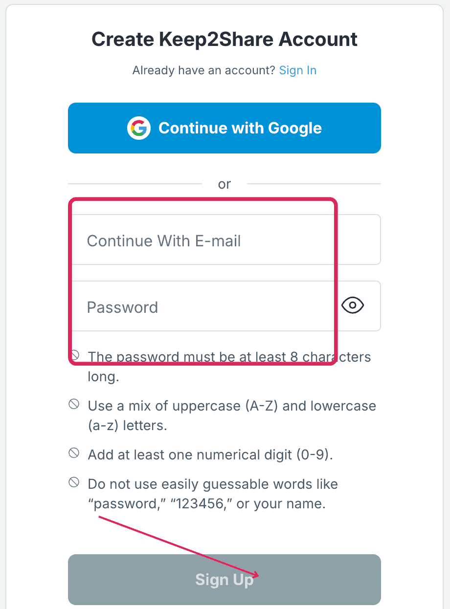 Keep2Share registration form with email and password fields