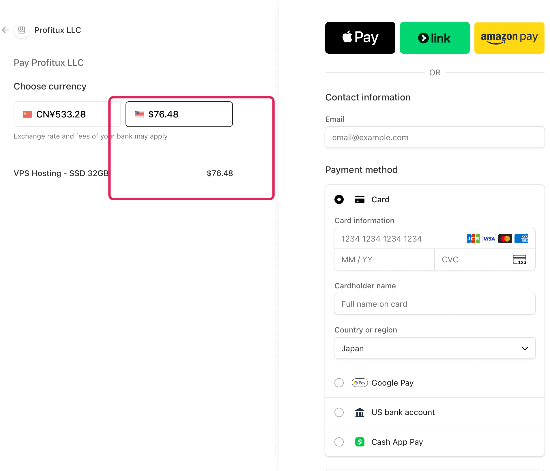 Card checkout screen displaying $76.48 and merchant name Profitux LLC.