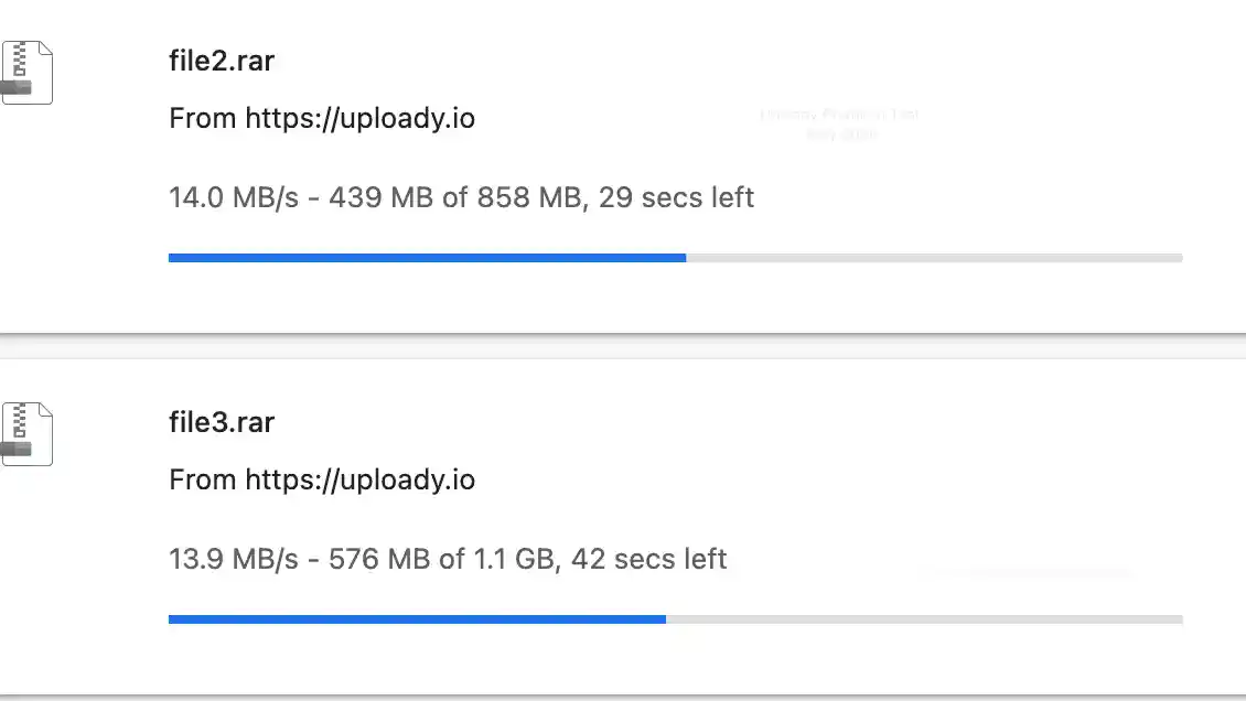 Two concurrent Chrome downloads running at 14.0 MB/s and 13.9 MB/s, reaching 27.9 MB/s combined.