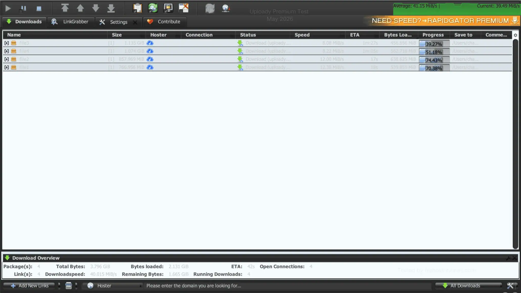 JDownloader 2 downloading four files at 40.015 MiB/s in Download Overview with four open connections.