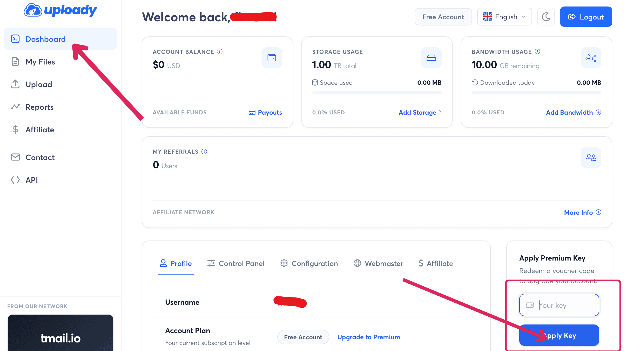 Dashboard showing the Apply Premium Key form, without a completed activation.