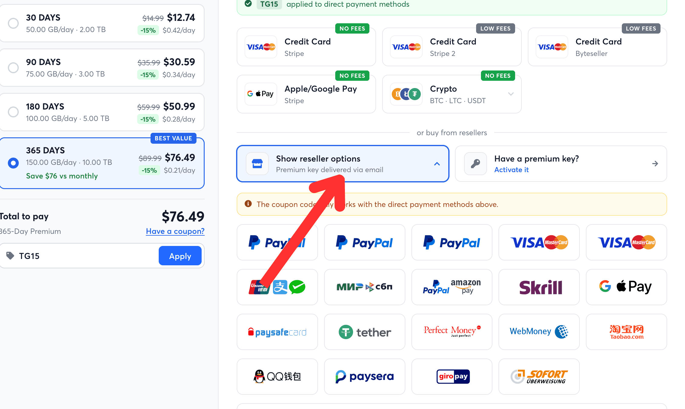 Reseller options list showing payment options and the direct-payment coupon restriction notice.