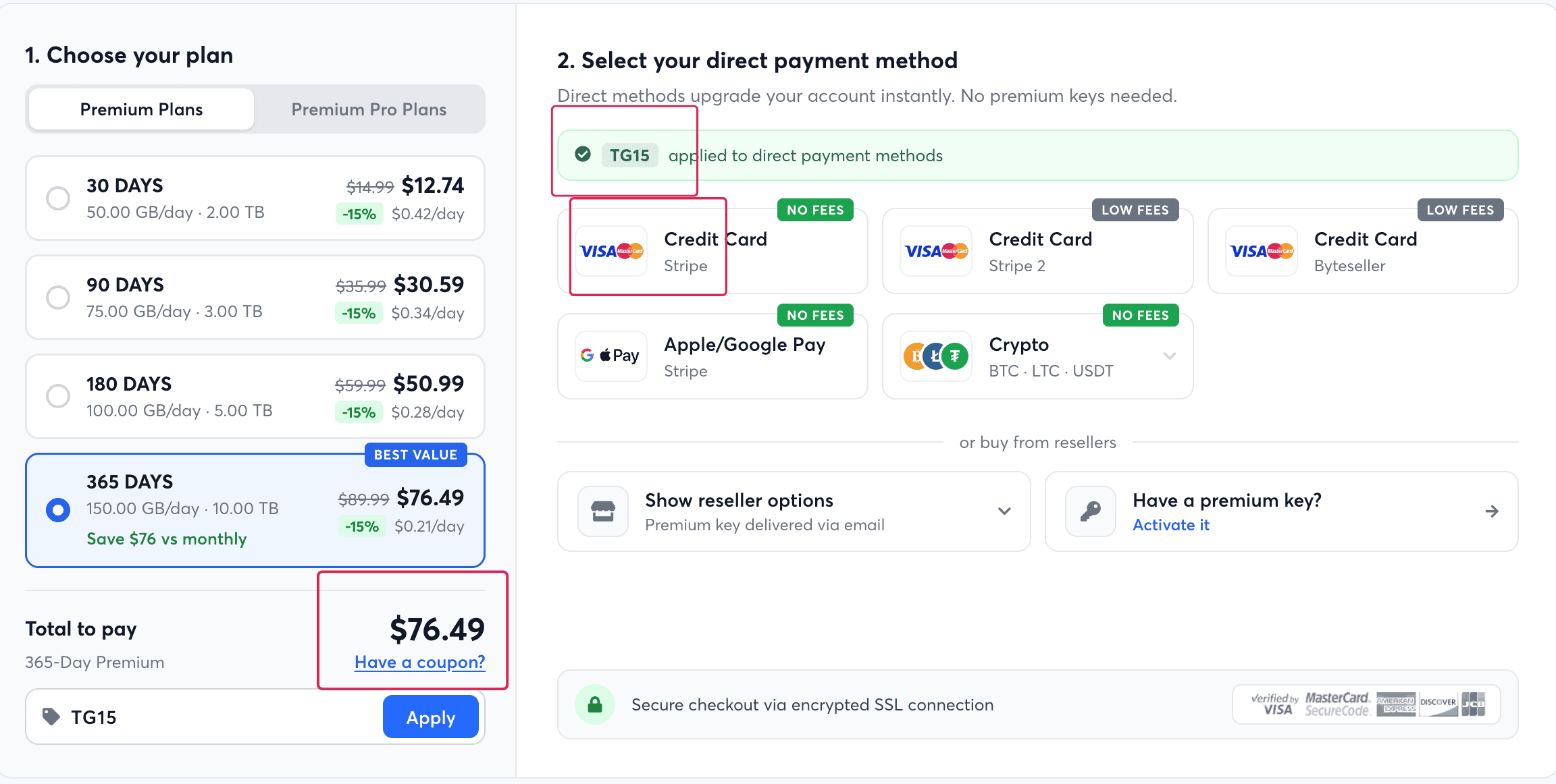 Uploady Premium plan tiers displaying a 15% discount across direct payment methods with coupon TG15.